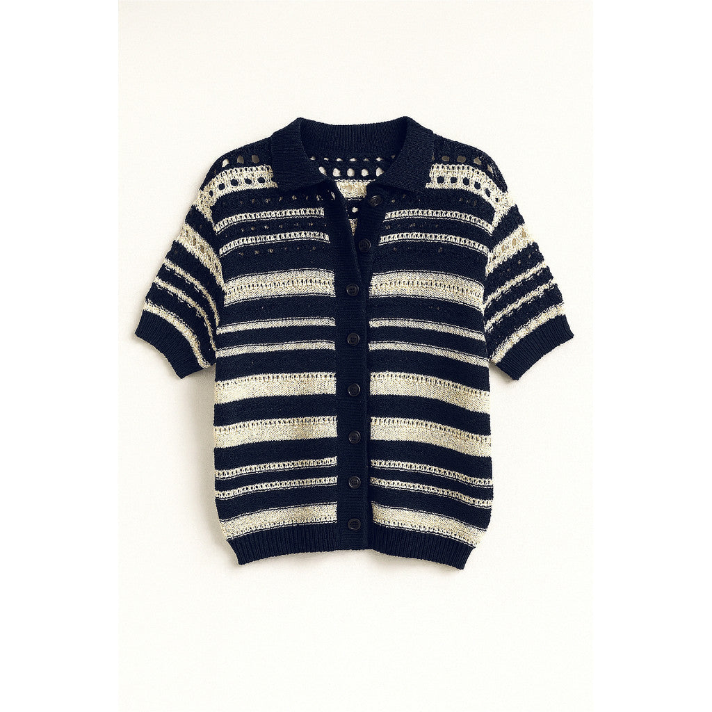 RE/BORN Antwerp Molly Crochet Stripe blouse/ top Dark Blue/Crème