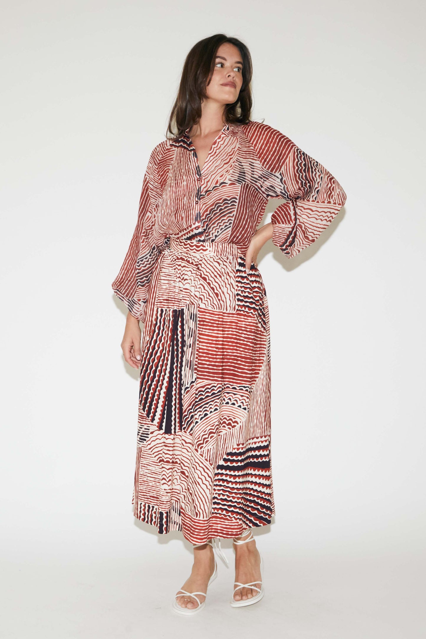 RE/BORN Antwerp Ramie blouse/ top Abstract Geometry Rust