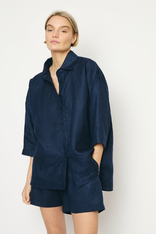 RE/BORN Antwerp Maïté Evergreen Linen shirt Dark Blue