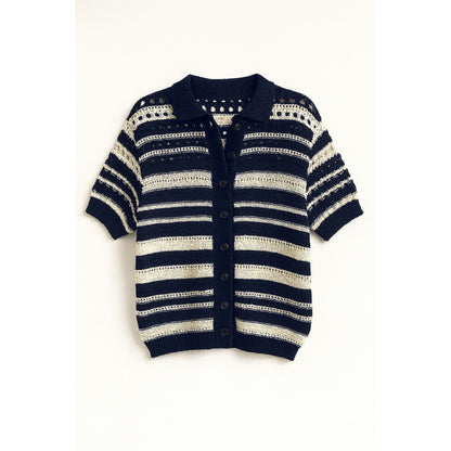 RE/BORN Antwerp Molly Crochet Stripe blouse/ top Dark Blue/Crème