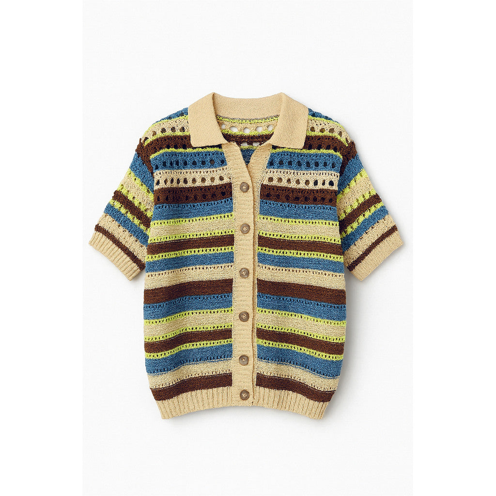 RE/BORN Antwerp Molly Crochet Stripe blouse/ top Mocca/Kiwi